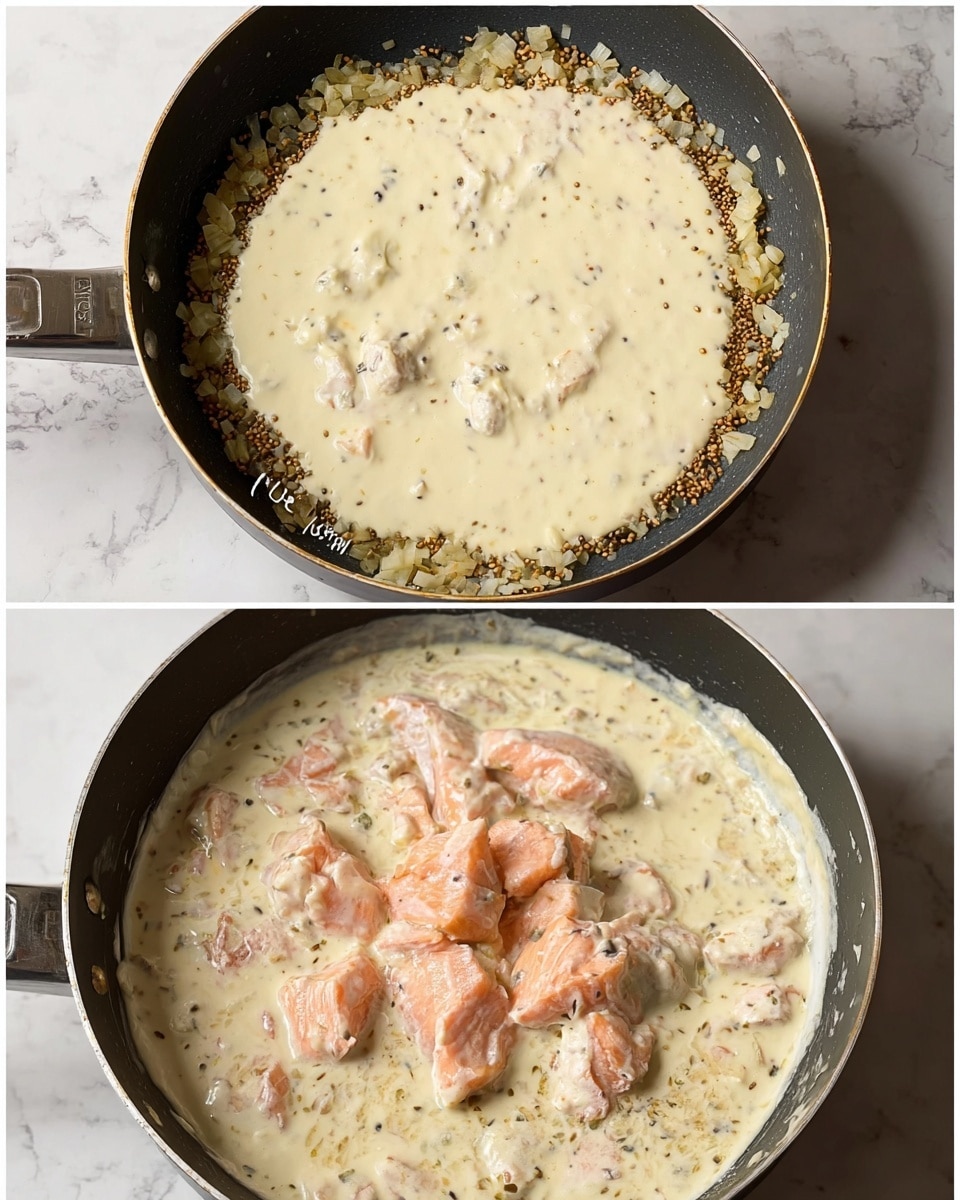 The top image shows a black pan with cooked diced onions and mustard seeds around the edges, and a thick cream-colored sauce poured in the center, covering most of the pan's base. The bottom image shows the same pan with the cream sauce now mixed and spread more evenly, with several chunks of pink cooked fish placed in the middle. The sauce has a creamy texture with small visible bits of onion and mustard seeds throughout. Both images have the pan on a white marbled surface. photo taken with an iphone --ar 4:5 --v 7