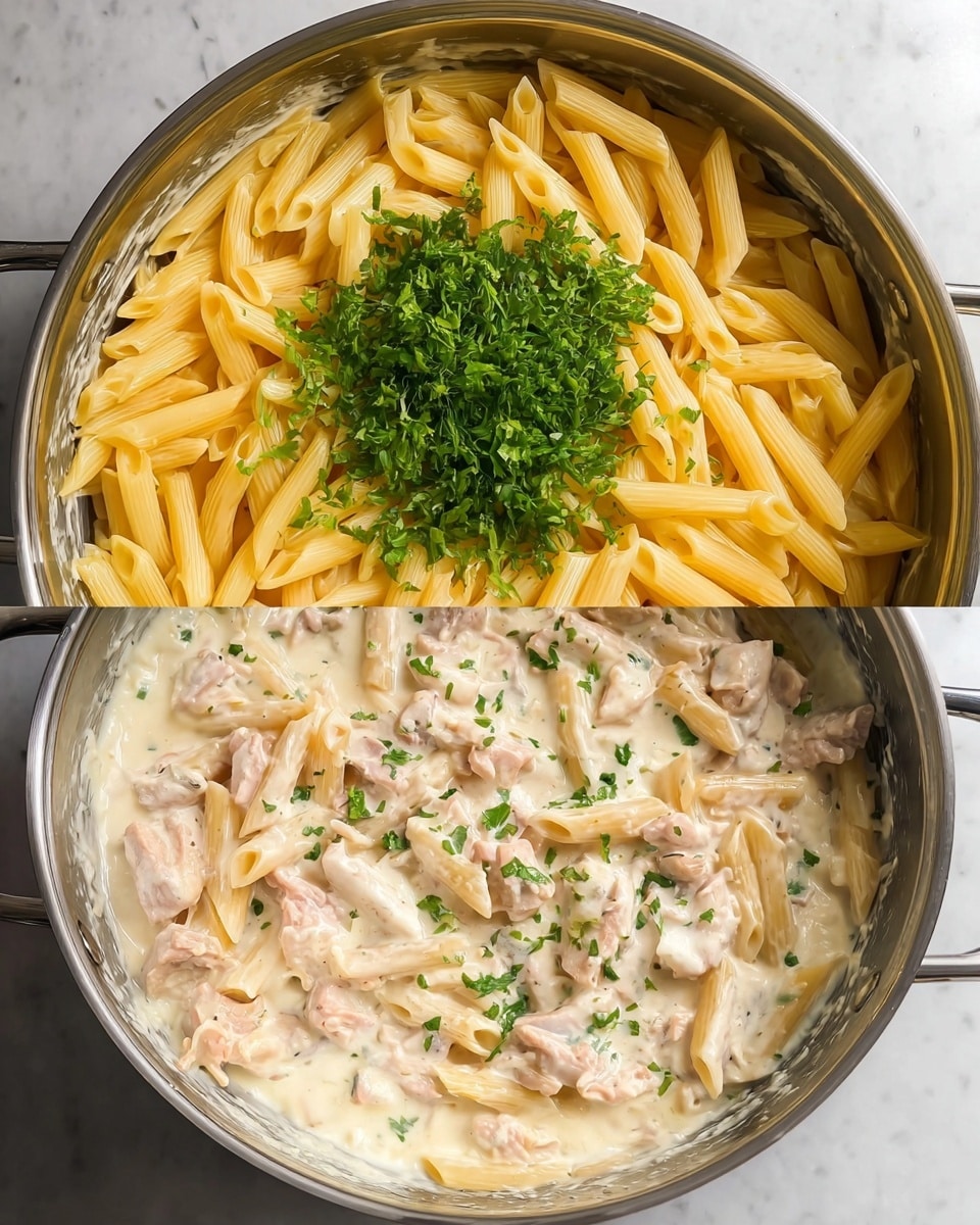 The image shows a large metal pot containing a creamy pasta dish in two stages. In the first stage, a thick white sauce with light pink pieces of cooked meat sits at the bottom, topped with a layer of plain yellow penne pasta that looks firm and dry. In the second stage, the pasta and sauce are mixed thoroughly, creating a creamy, smooth texture coating all the penne and meat pieces, giving a light beige color overall. A bright green bunch of fresh chopped herbs is sprinkled in the center on top of the creamy pasta. The pot is placed on a white marbled surface. photo taken with an iphone --ar 4:5 --v 7