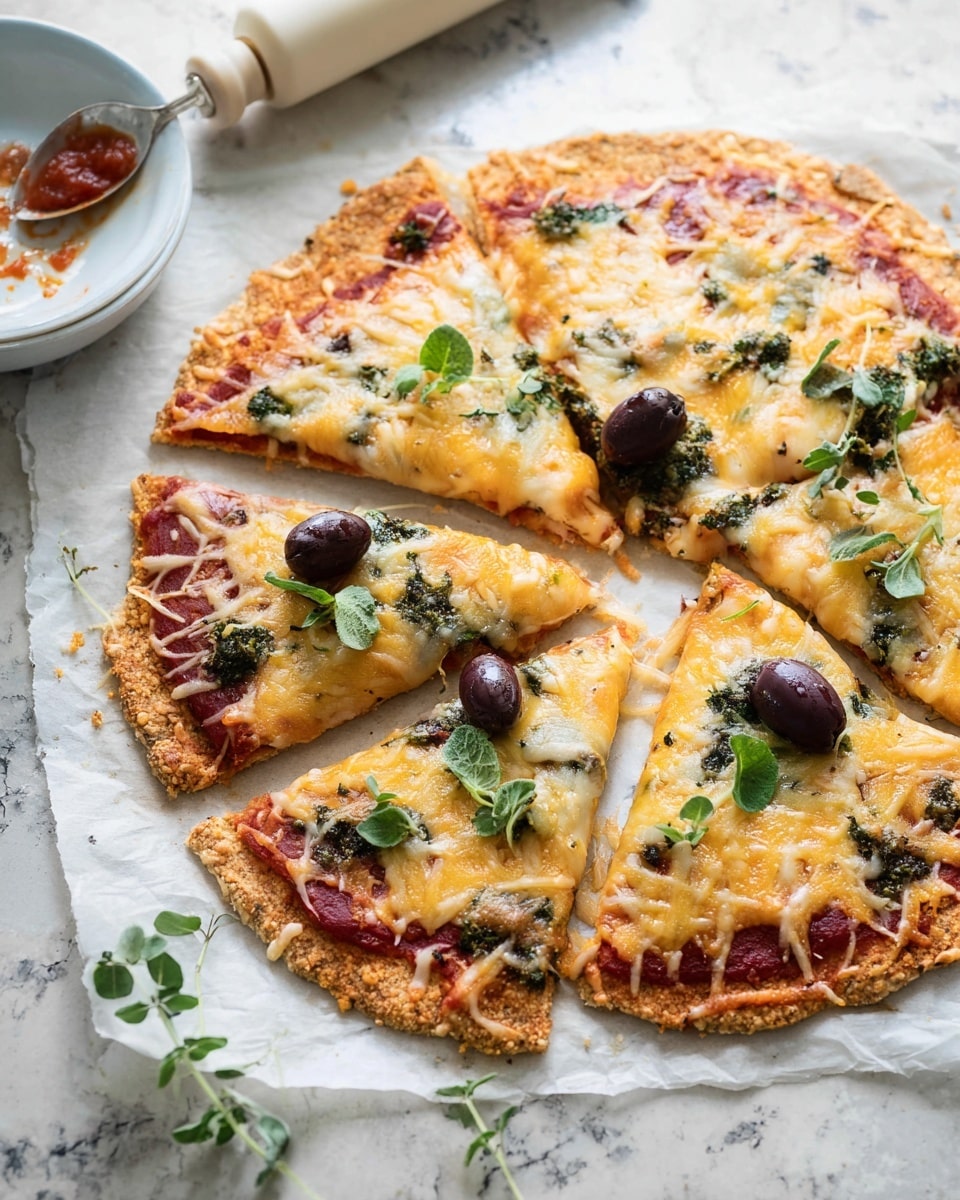 The image shows slices of pizza with a thick, golden brown crust at the bottom layer. On top of the crust is a red tomato sauce spread evenly, followed by a melted layer of yellow and white cheese that looks stretchy and soft. Scattered over the cheese are small green leafy herbs and dark purple black olives placed on several slices. The pizza is set on a white marbled surface with parchment paper underneath. The cheese appears slightly shiny and has some small bits of red chili flakes sprinkled across. Photo taken with an iphone --ar 4:5 --v 7