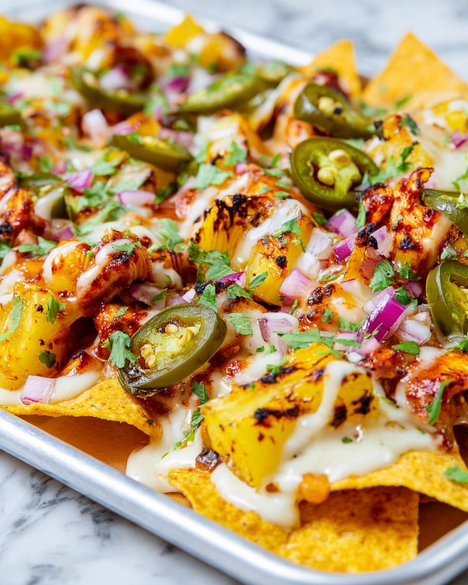 This image shows a tray of nachos on a white marbled surface. The dish has three main layers: the bottom layer is made of yellow tortilla chips, crisp and slightly curled at the edges. The middle layer includes grilled yellow pineapple chunks with visible dark grill marks, small pieces of cooked chicken with a reddish seasoning, and slices of green jalapeños. The top layer consists of melted white cheese draped unevenly over the toppings, thin slices of red onion, and scattered chopped green herbs adding a fresh contrast. The textures range from crunchy tortilla chips to tender grilled pineapple and soft melted cheese, creating a colorful and appetizing mix. Photo taken with an iphone --ar 4:5 --v 7