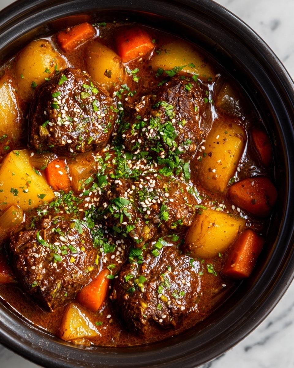 The image shows a black slow cooker filled with seven browned beef chunks placed over a base layer of roughly chopped carrot slices and red potato pieces. The beef pieces are dark brown with a slightly crisp texture on top, while the carrots are bright orange and the potatoes have red skin with pale yellow flesh. Finely chopped onions and garlic are generously sprinkled over the beef, adding small touches of white and purple across the dish. The ingredients are arranged closely together inside the slow cooker, sitting against a white marbled surface. photo taken with an iphone --ar 4:5 --v 7