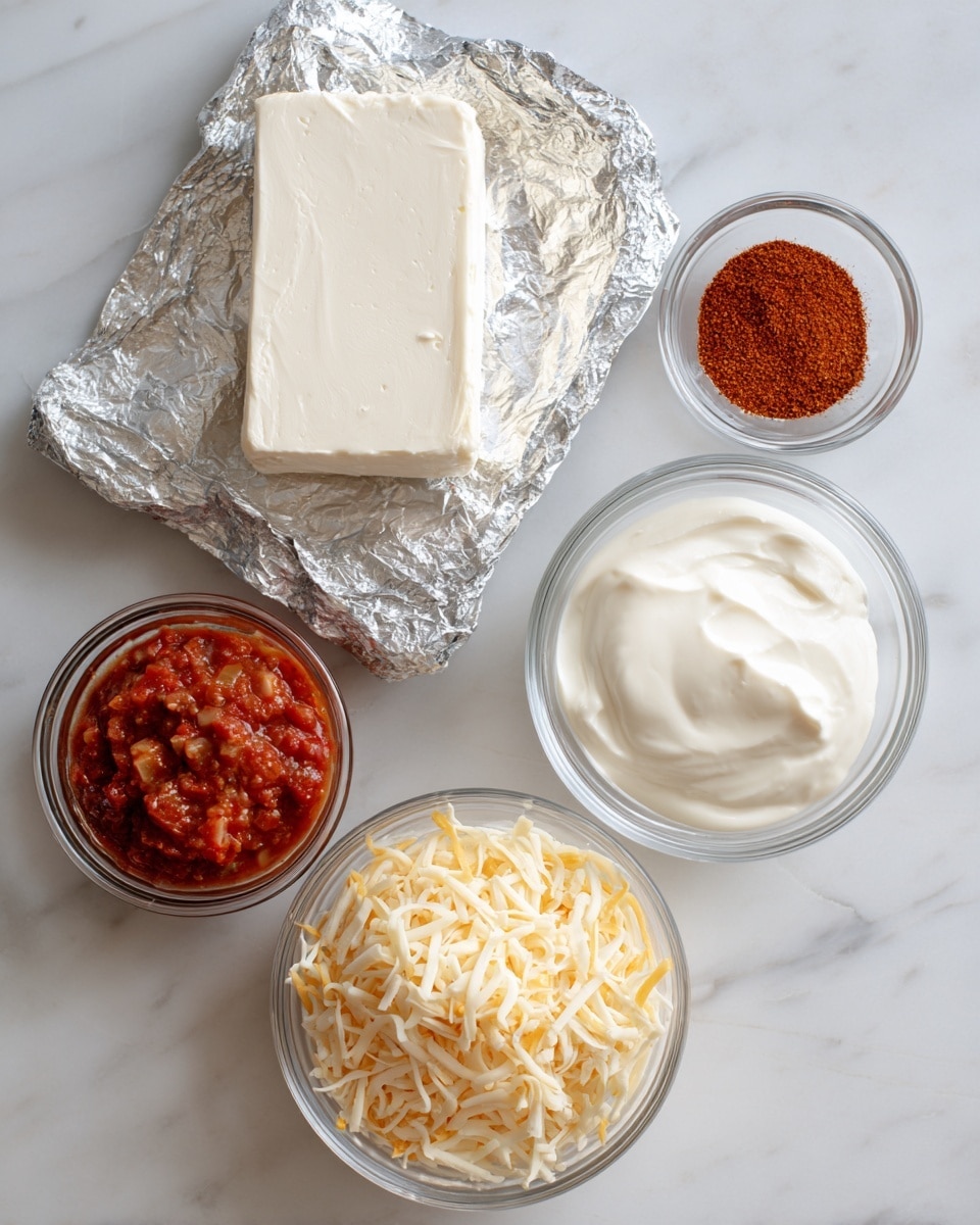 The image shows four clear glass bowls and one foil-wrapped block arranged on a white marbled surface. The block of cream cheese is pale white with a smooth texture, placed diagonally on opened foil in the top left corner. To the right is a small bowl with reddish-brown taco seasoning powder. Below it is a large bowl filled with two types of shredded cheese, yellow and white, mixed together. On the lower left is a bowl filled with chunky red salsa with visible bits of vegetables. On the lower right is a bowl of smooth, thick sour cream, pure white in color. The bowls are evenly spaced and placed in a neat arrangement. Photo taken with an iphone --ar 4:5 --v 7
