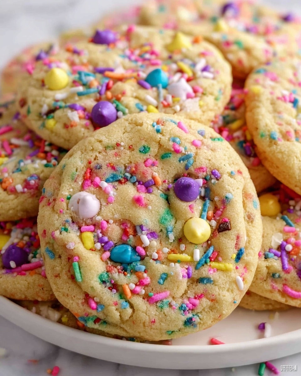 A clear glass bowl holds thick, pale beige cookie dough pressed to one side, with a mix of colorful candy-coated chocolate pieces in pastel blue, green, purple, pink, and yellow, along with white chocolate chips scattered on top. The bowl sits on a white marbled surface with soft natural light. Photo taken with an iphone --ar 4:5 --v 7
