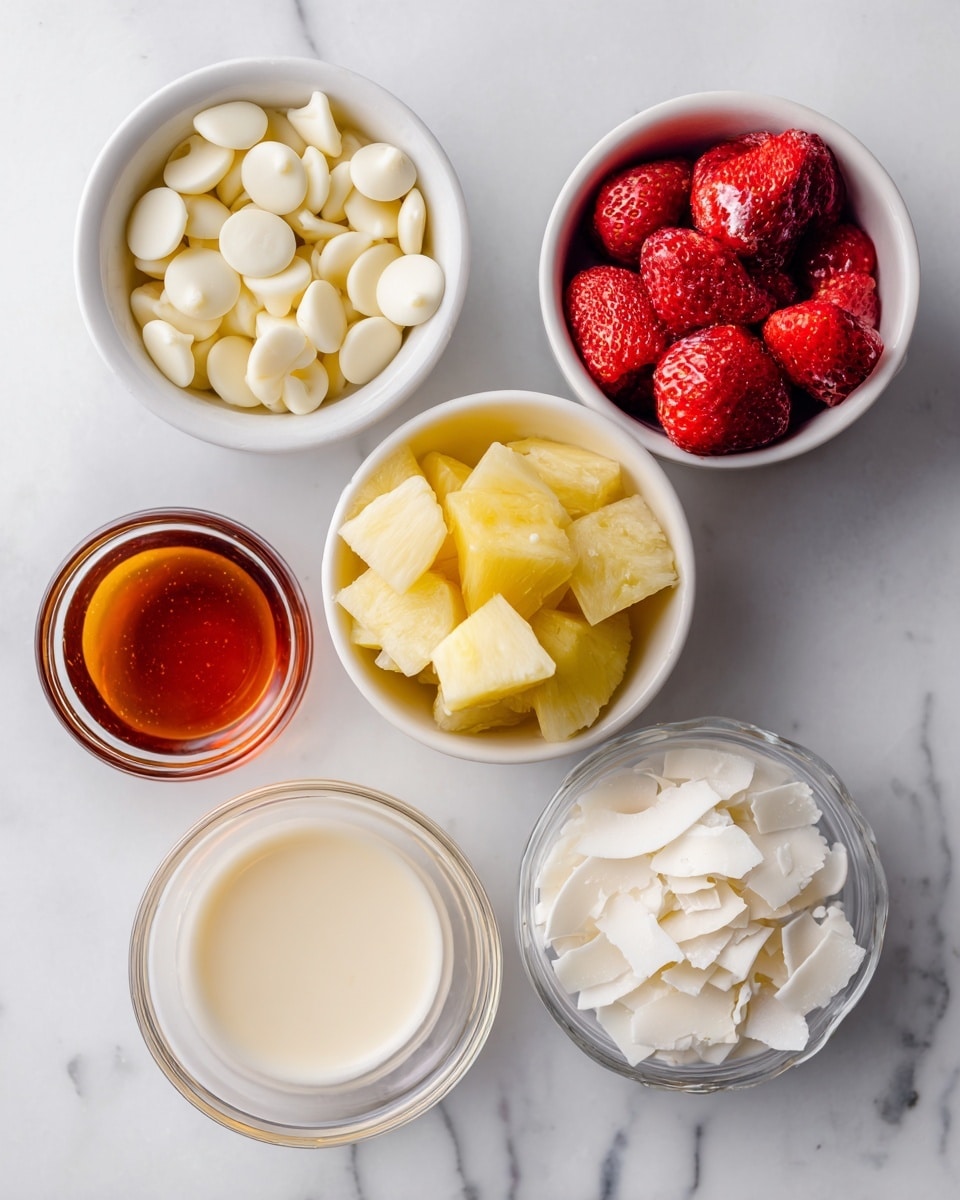Six small white bowls and one clear bowl are neatly arranged on a white marbled surface. One white bowl has small white chocolate chips that are round and smooth, another white bowl holds a light cream-colored plant milk with a smooth surface. A white bowl contains frozen strawberries, deep red with icy frost, next to a white bowl of bright yellow pineapple pieces. The small clear glass bowl is filled with amber-colored maple syrup with a shiny surface, and a final clear bowl holds white coconut flakes that are thin and shredded. Each bowl shows a different texture and color, all set cleanly against the white marbled background. photo taken with an iphone --ar 4:5 --v 7
