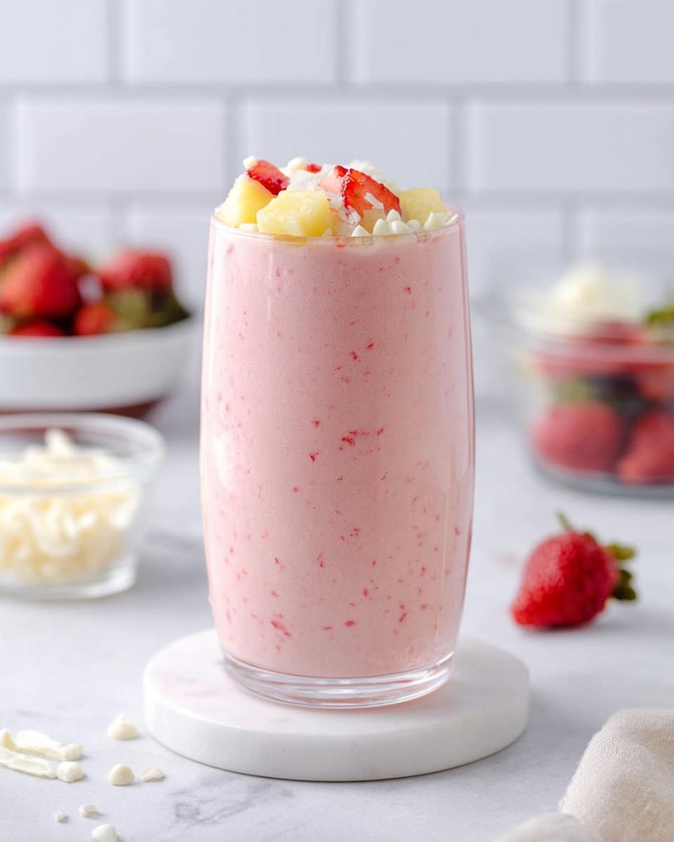 A tall clear glass filled with a smooth light pink smoothie containing small bits of red throughout. The top layer is decorated with small white chocolate chips scattered around, shredded white coconut sprinkled evenly, and a whole fresh red strawberry placed on top. A shiny golden metal straw stands inside the glass on the left side. The glass sits on a round white coaster on a white marbled surface. In the background, slightly out of focus, are a few bowls, one filled with white chocolate chips and another with fresh strawberries. Photo taken with an iphone --ar 4:5 --v 7