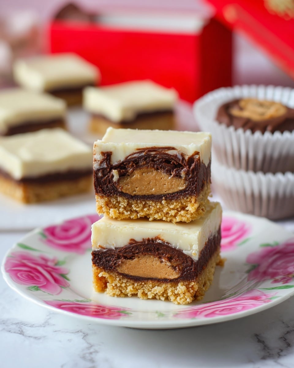 A small cheesecake sits on a white plate with pink and green floral designs, showing two layers: a light brown, crumbly base and a creamy, pale yellow top layer, slightly uneven in texture; in the background, there are more cheesecakes stacked and some round chocolate cookies blurred out, all set on a white marbled surface photo taken with an iphone --ar 4:5 --v 7