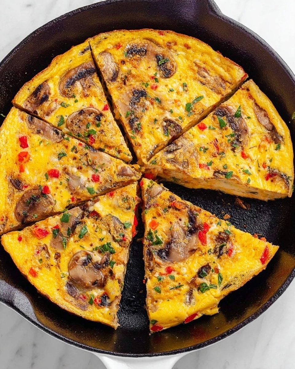 The image shows a cooked egg dish sliced into six pieces in a black cast iron pan with a white handle, placed on a white marbled surface. The dish has a golden yellow color with visible layers of sliced brown mushrooms and small pieces of red pepper spread evenly throughout. Tiny green herbs are sprinkled on top, adding a fresh contrast. The egg layer is thick and fluffy, filling the pan completely. One slice is slightly lifted, revealing the firm texture inside. photo taken with an iphone --ar 4:5 --v 7
