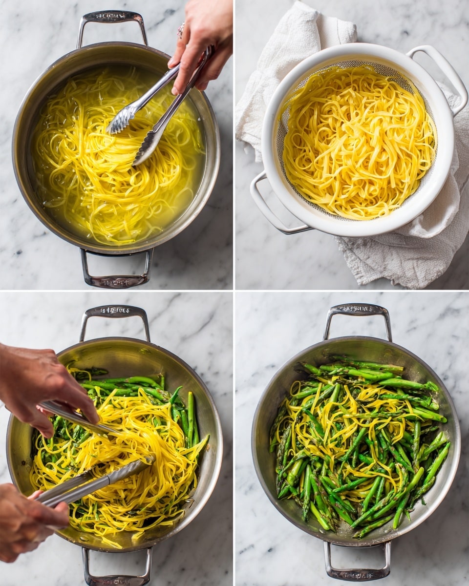 The image shows four steps of cooking pasta with vegetables, all on a white marbled surface. Top left is a pot with boiling yellow pasta noodles in clear liquid, with a woman's hand using silver tongs to lift the pasta. Top right is a white colander filled with drained yellow pasta on a white cloth. Bottom left shows a woman's hand using silver tongs to mix bright yellow pasta with green vegetables like sliced green beans or asparagus in a silver pan on a white stove. Bottom right is the same pan with the cooked pasta and green vegetables mixed evenly, placed on the stove. The colors are mainly yellow pasta and green vegetables with silver kitchen tools and the white marbled background. Photo taken with an iphone --ar 4:5 --v 7