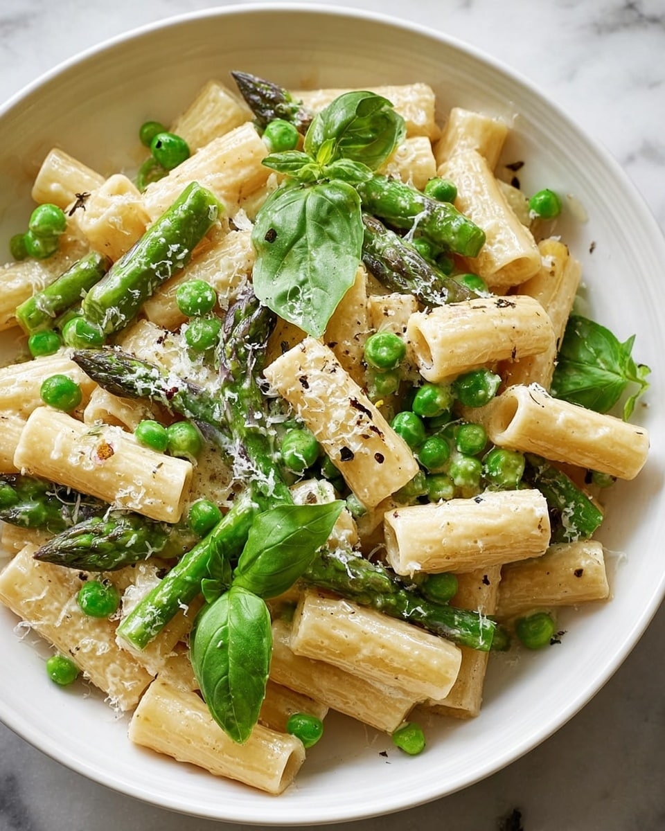 A white round plate holds creamy penne pasta mixed with bright green peas and asparagus pieces, coated evenly with a light cream sauce. Three fresh basil leaves sit on top, adding a pop of vibrant green. Thin shreds of white cheese are sprinkled over the pasta, along with small cracks of black pepper. The plate sits on a white marbled surface. photo taken with an iphone --ar 4:5 --v 7