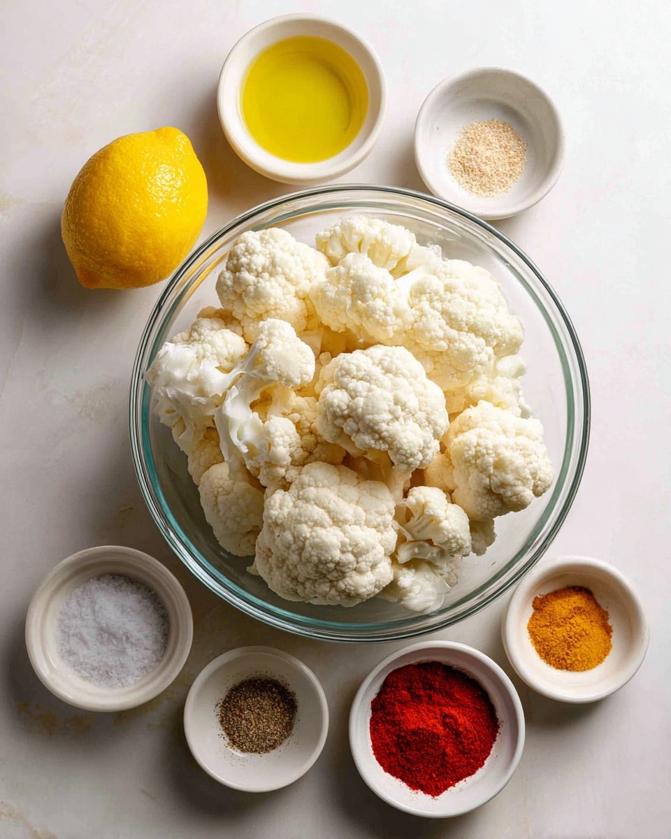 A large clear glass bowl filled with white cauliflower florets with a light rough texture sits in the center on a white marbled surface. Surrounding the bowl are six small white bowls and one lemon, each containing a different ingredient: a small bowl with golden yellow olive oil, a whole bright yellow lemon positioned above the bowl, a small dish with light brown pepper, a small bowl with white salt, another with fine yellow garlic powder, and the last with vibrant red paprika powder. The ingredients are neatly arranged around the main bowl, creating a balanced and clean look. Photo taken with an iphone --ar 4:5 --v 7