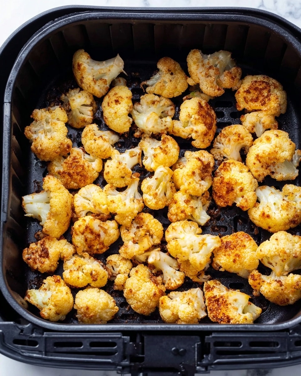 The image shows a single layer of golden brown roasted cauliflower pieces inside a black air fryer basket. Each cauliflower piece is small to medium size, with some showing slightly darker crispy spots, indicating they are well cooked. The pieces have a textured surface with visible seasoning and a slight shine from oil. The black basket has a grated pattern on the bottom and smooth sides that hold the cauliflower in place, all set against a white marbled surface. Photo taken with an iphone --ar 4:5 --v 7