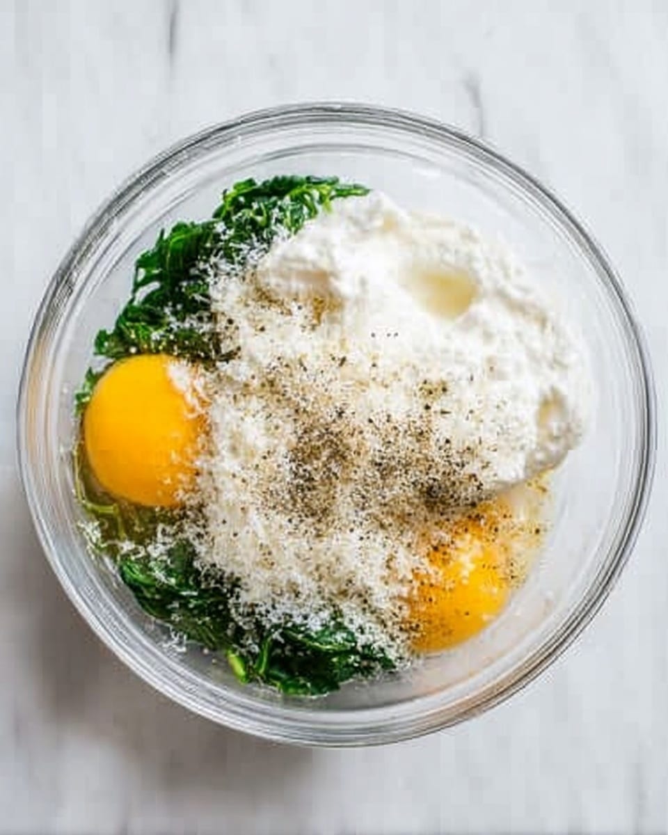 A clear glass bowl on a white marbled surface contains layers of ingredients pulled together: at the bottom, bright green chopped spinach, topped with two raw yellow egg yolks on one side, and a thick dollop of white creamy mixture on the other side. Over these, there is a sprinkle of small white grains that look like shredded cheese and a scattering of black pepper and seasoning powders. The textures vary from smooth cream to coarse grated cheese and finely ground spices, all visible clearly in the bowl. Photo taken with an iphone --ar 4:5 --v 7
