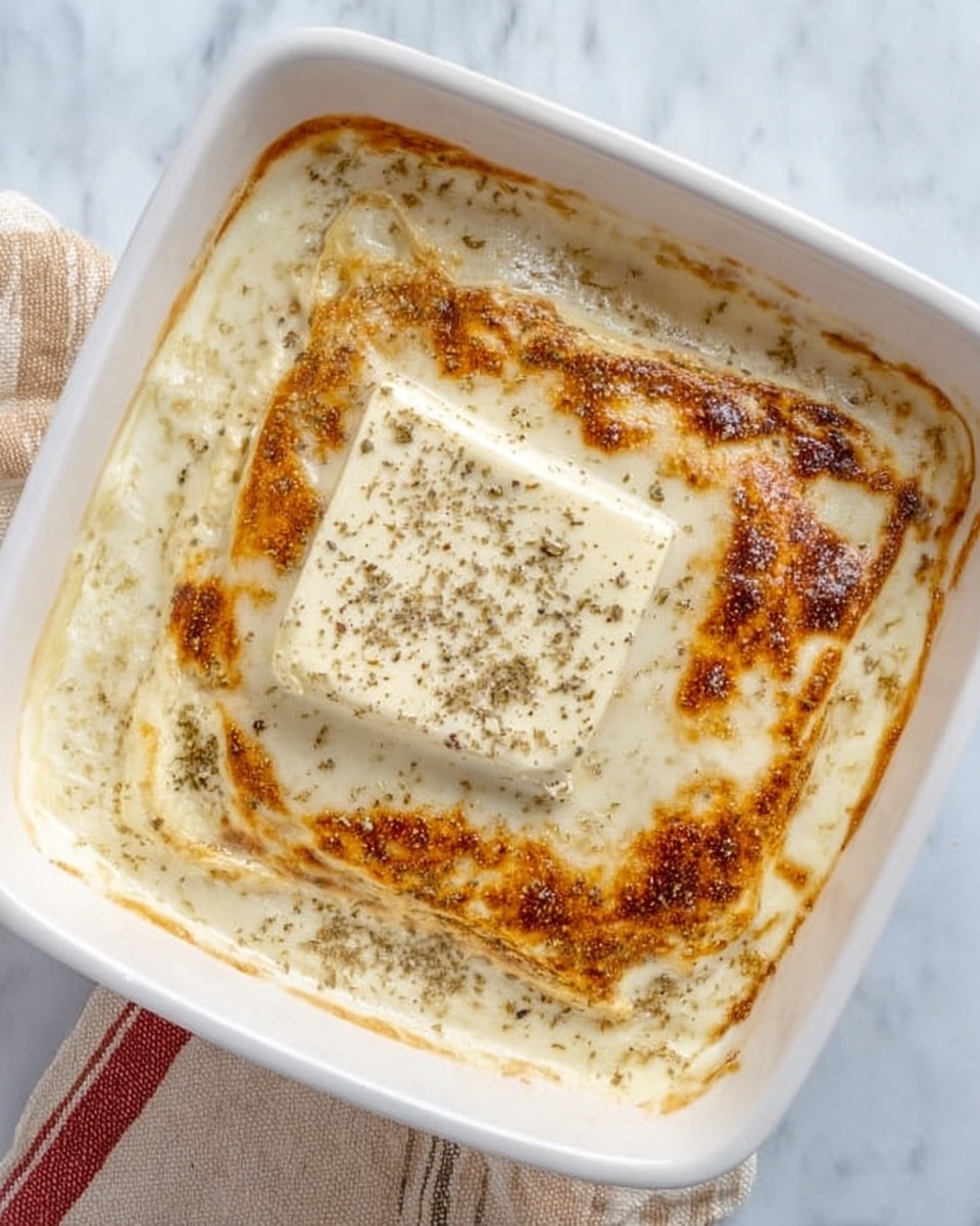 The image shows a white square baking dish filled with a creamy, lightly browned baked dish. The top layer is a smooth, thick white sauce with parts that are golden brown and slightly crispy, especially around the edges. In the center, there is a rectangular block of soft white cheese sprinkled with black pepper. The dish is placed on a white marbled surface with a small piece of a beige and red striped cloth visible at the edge. Photo taken with an iphone --ar 4:5 --v 7