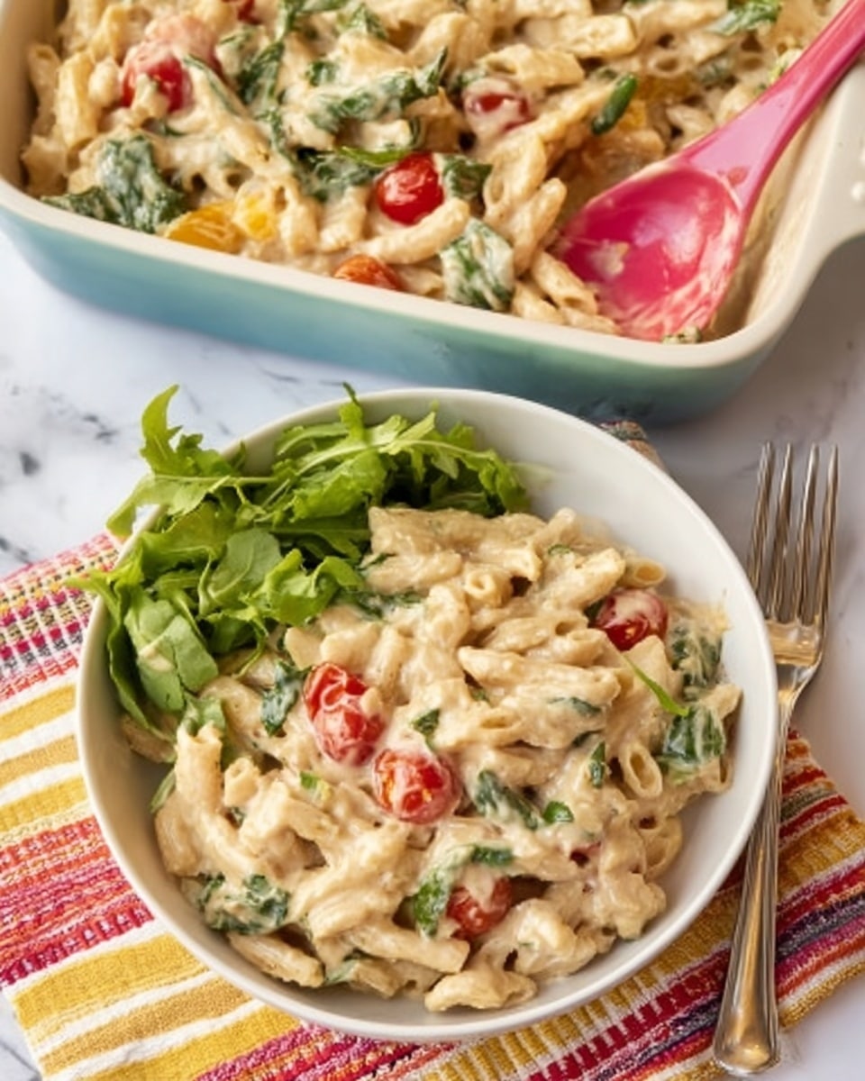The image shows a white bowl filled with creamy pasta that has small red cherry tomatoes and green leafy vegetables mixed in. The pasta is short and tube-shaped, coated in a thick, light beige sauce. To the side of the pasta in the bowl, there is a small pile of fresh green leafy salad. Behind the bowl, there is a white rectangular baking dish with more pasta inside, and a pink spoon is resting in it. The dishes are placed on a white marbled surface covered partially by a cloth with colored stripes in red, yellow, and beige. A silver fork lies next to the bowl. photo taken with an iphone --ar 4:5 --v 7