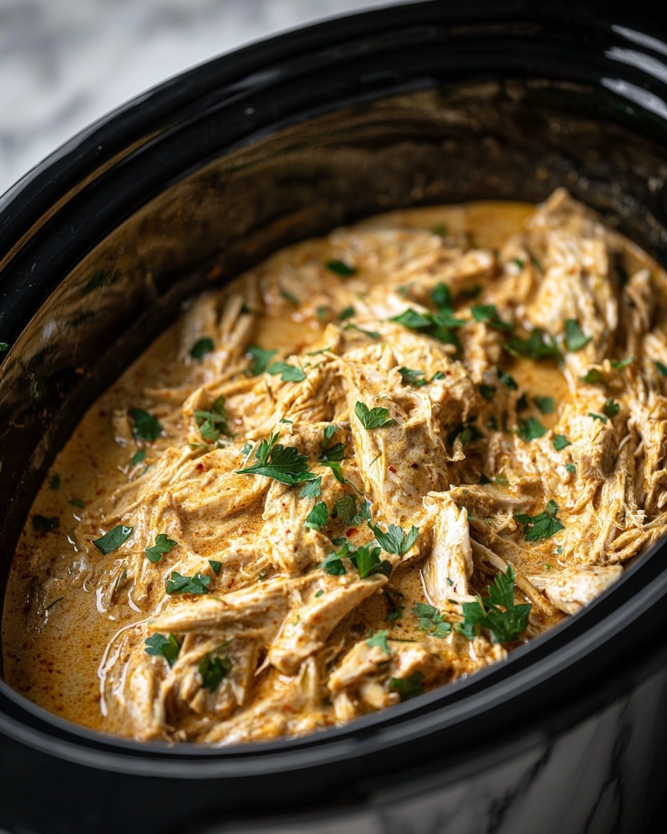 A close-up of shredded cooked chicken mixed with a creamy sauce in a black slow cooker. The chicken pieces are light brown with visible juicy texture, covered in a creamy orange sauce with small specks of herbs and spices throughout. Fresh green parsley bits are sprinkled on top, adding a splash of color to the dish. The slow cooker has a smooth black rim, and the background shows a white marbled surface. photo taken with an iphone --ar 4:5 --v 7