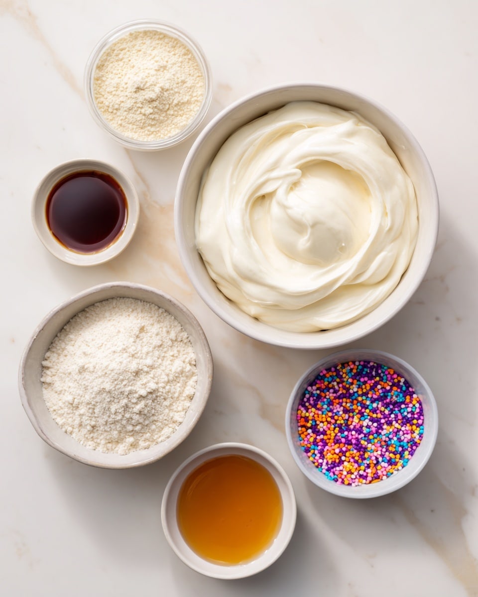 The image shows five small white bowls placed on a white marbled surface. The largest bowl at the top is filled with thick, creamy plain Greek yogurt, which is white and smooth with gentle swirls on top. To the left, a smaller bowl contains an off-white flavored protein powder with a fine, powdery texture. To the right, a small bowl holds colorful sprinkles, featuring bright shades of pink, yellow, purple, orange, and blue, adding a playful touch. Below these, a small bowl on the left contains amber-colored maple syrup with a glossy, liquid surface. Next to it on the right is a tiny bowl filled with light brown vanilla extract, showing a smooth and shiny liquid texture. photo taken with an iphone --ar 4:5 --v 7