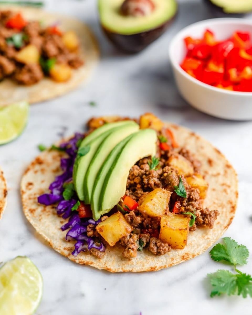 The image shows an open taco on a lightly toasted tortilla placed on a white marbled surface. The first layer on the tortilla is a mix of cooked ground meat with small diced orange bell peppers and some small golden-brown roasted potato pieces. On the left side of the meat mix, there are three thick slices of fresh avocado with a smooth green texture. Underneath the meat, there are small pieces of purple cabbage, adding a deep violet color and a crunchy texture. Small green cilantro leaves are scattered over the taco for garnish. In the background, there is a half avocado, a lime wedge, and a small white bowl filled with diced red bell peppers. Photo taken with an iphone --ar 4:5 --v 7