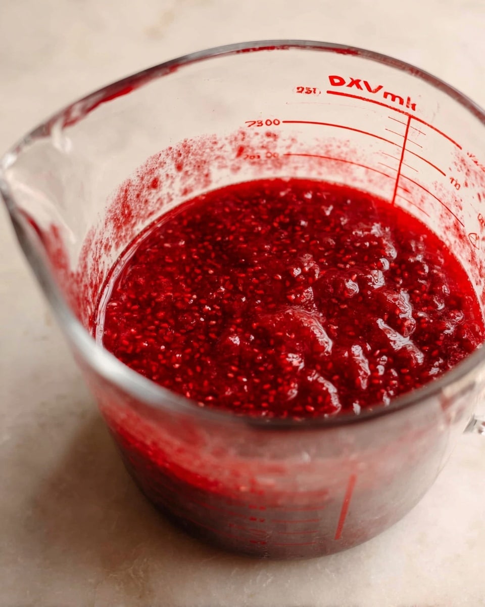 A clear glass measuring cup filled with a thick, bright red sauce that has a textured, slightly chunky surface. The cup shows measurement markings in ounces and cups, with the sauce level around the 2-cup mark. The measuring cup sits on a white marbled surface. Photo taken with an iphone --ar 4:5 --v 7