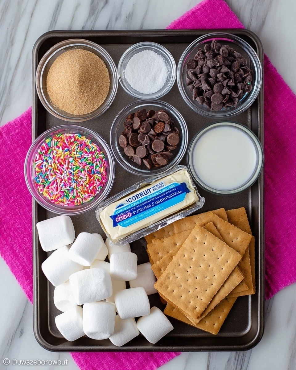 The image shows two stacked homemade s'mores bars on a wooden board with white parchment paper. Each bar has four layers: the top and bottom layers are light brown crispy graham crackers coated with dark chocolate and colorful round sprinkles on the top. The middle layers include a thick, soft, white marshmallow layer on top of a chunky, beige cookie dough layer with small dark chocolate chips visible throughout. The background surface is a white marbled texture with a blurred blue container and another s'mores bar in the distance. photo taken with an iphone --ar 4:5 --v 7