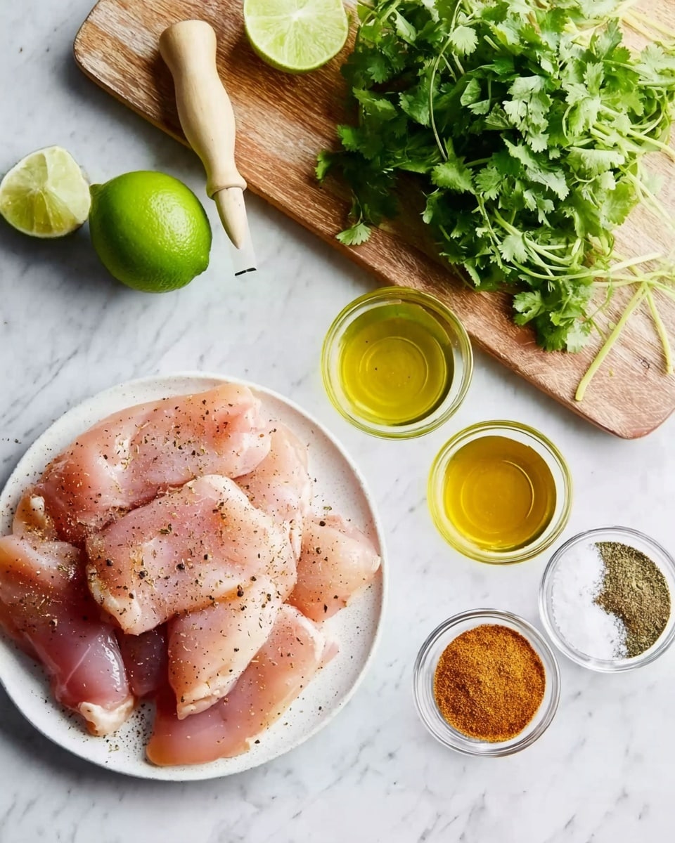 A white plate holds several pieces of raw chicken seasoned with black pepper, showing a smooth and slightly shiny pink texture. To the right of the plate, on a white marbled surface, there are five small glass bowls with different ingredients: golden olive oil, reddish-brown spice, light brown spice, coarse white salt, and crushed black pepper. Above these is a light wooden cutting board with a bunch of fresh green cilantro, a whole green lime next to a halved lime placed cut side up, and a small glass bowl with clear lime juice. A woman's hand is squeezing the halved lime using a light wooden citrus squeezer. The overall scene is bright and clean. photo taken with an iphone --ar 4:5 --v 7