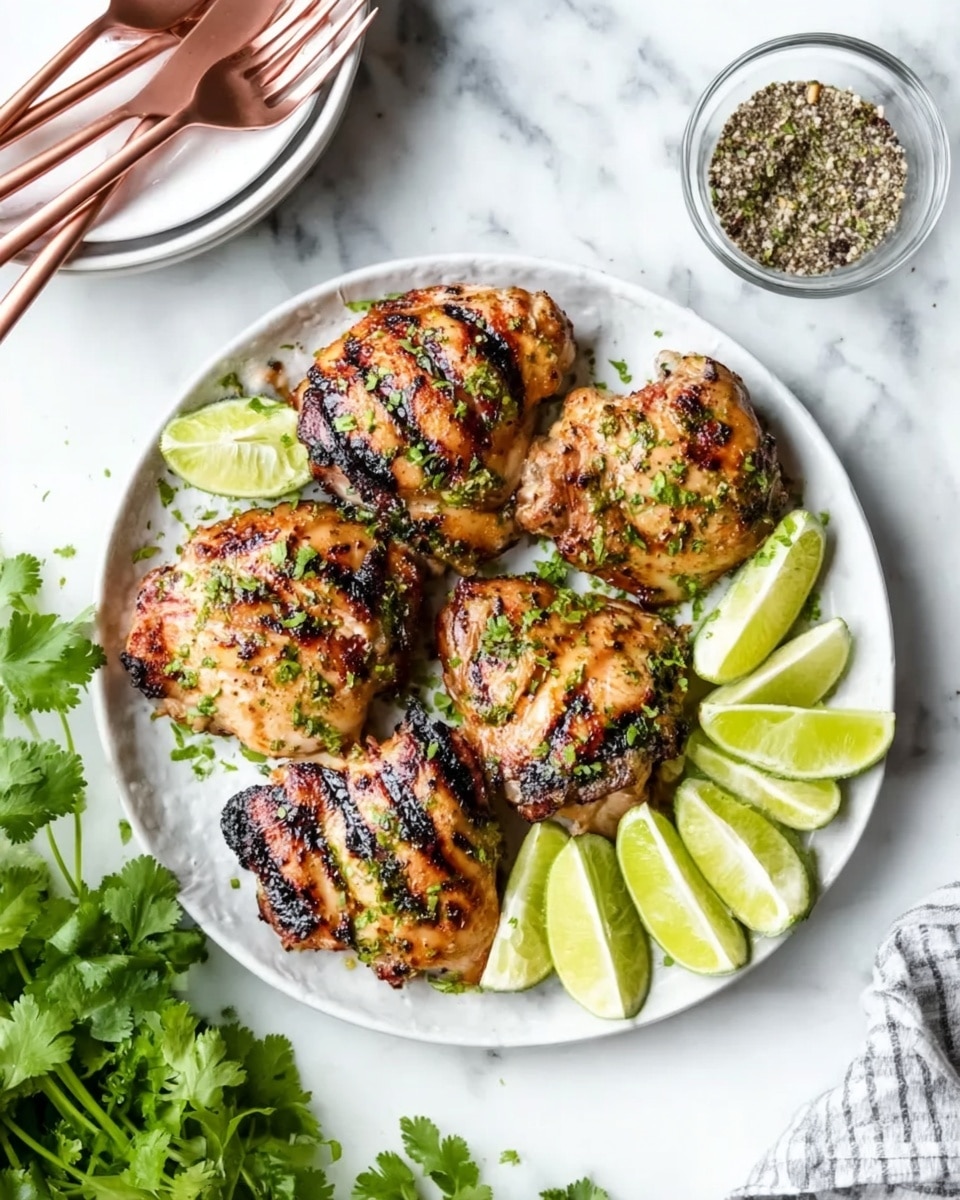 A white plate filled with several grilled chicken pieces showing char marks and a slightly crispy texture on the golden-brown surface. The chicken is sprinkled with fresh green chopped herbs, likely cilantro, adding a pop of color. To the right side of the plate, there are several lime wedges placed in a small pile, their bright green skin contrasting with the chicken. The plate sits on a white marbled texture with some fresh cilantro visible at the bottom of the image, and a woman's hand holding a wooden tool is seen at the top left corner. The scene is bright and fresh, emphasizing the grilled chicken and lime wedges, photo taken with an iphone --ar 4:5 --v 7