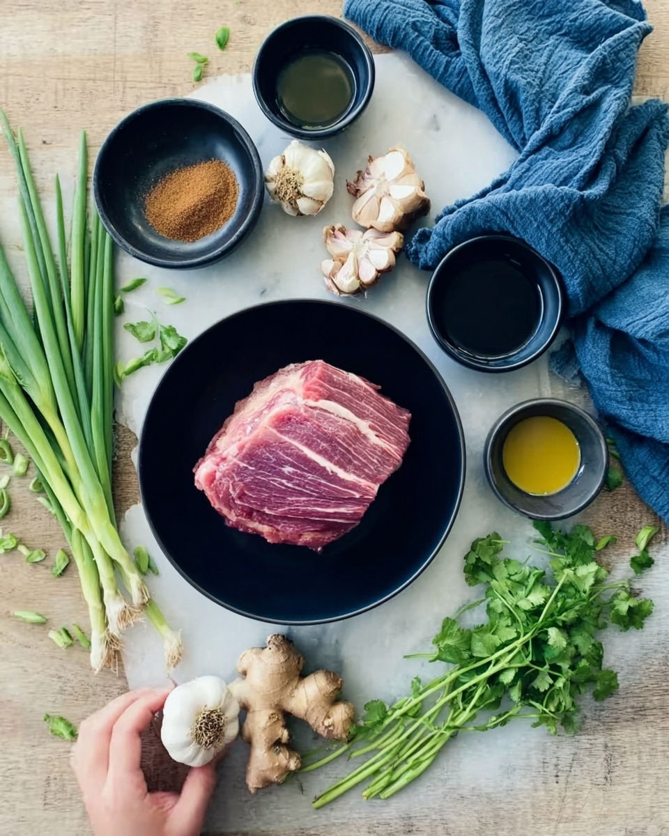 A black bowl sits on a white marbled surface, holding a raw piece of pink meat with white fat marbling. Around it are several small black bowls filled with different ingredients: one with brown powder, another with a clear yellow liquid, and two others with dark sauces. Fresh green herbs and long green onions lie scattered across the white marbled surface. Whole garlic cloves and a block of fresh ginger root add to the arrangement. A woman's hand is about to pick up a garlic clove. The background is a white marbled texture with a loosely folded blue cloth under some of the items. photo taken with an iphone --ar 4:5 --v 7