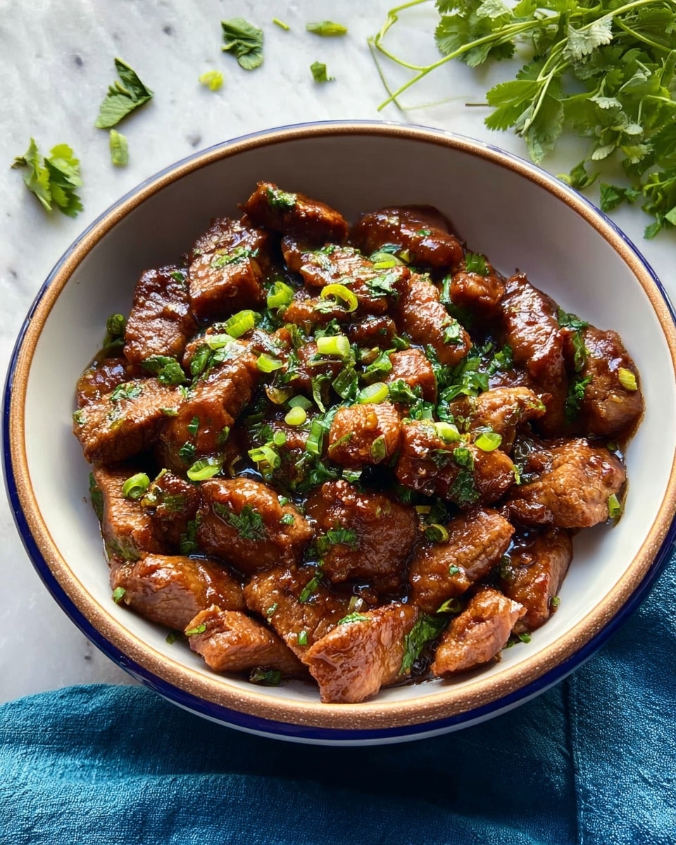 A blue bowl filled with small, rectangular pieces of cooked food covered in a dark reddish sauce, topped with fresh chopped green herbs scattered on top. The bowl is placed on a wooden surface, partially covered by a crumpled blue cloth, with sprigs of fresh green herbs lying around it. photo taken with an iphone --ar 4:5 --v 7