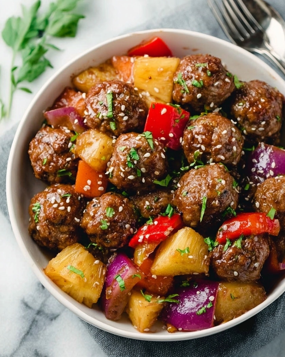 A white bowl filled with glossy brown meatballs mixed with colorful vegetables, including chunky yellow potato pieces, bright red cherry tomatoes, and purple onion slices, all coated in a shiny sauce. Small white sesame seeds and tiny chopped green herbs are sprinkled over the top, adding texture and color contrast. The bowl sits on a white marbled surface, with a silver fork in the background and a green plant slightly blurred at the top right. A woman's hand is holding the bowl's edge. Photo taken with an iphone --ar 4:5 --v 7