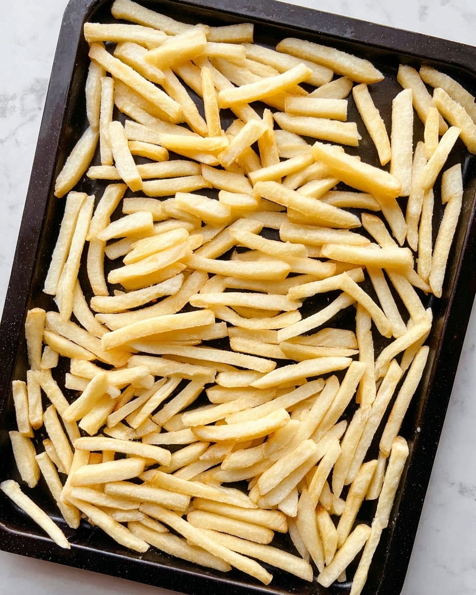 A black baking tray filled with scattered frozen thin French fries, each fry is pale yellow with a slightly rough texture, laid out unevenly across the tray. The tray is placed on a white marbled surface visible at the bottom right corner. Photo taken with an iphone --ar 4:5 --v 7