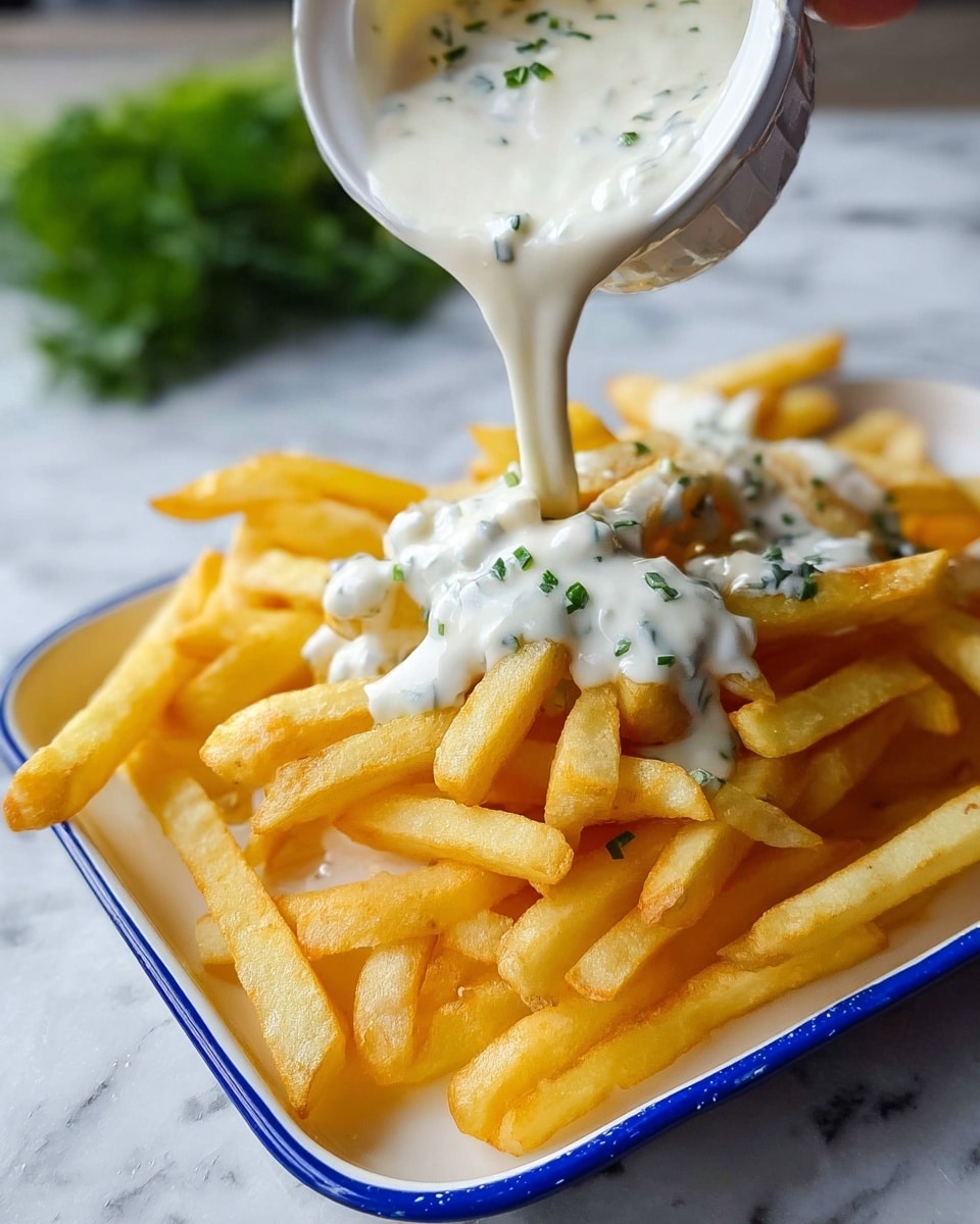 A pile of golden yellow French fries fills a white rectangular plate with a blue rim, showing a mix of crisp and soft textures. On top, creamy white sauce with small green herb pieces is being poured from above, thick and smooth, covering some fries in the center. The background is a white marbled surface with green herb leaves slightly blurred in the distance, and a woman's hand holds the container pouring the sauce. photo taken with an iphone --ar 4:5 --v 7