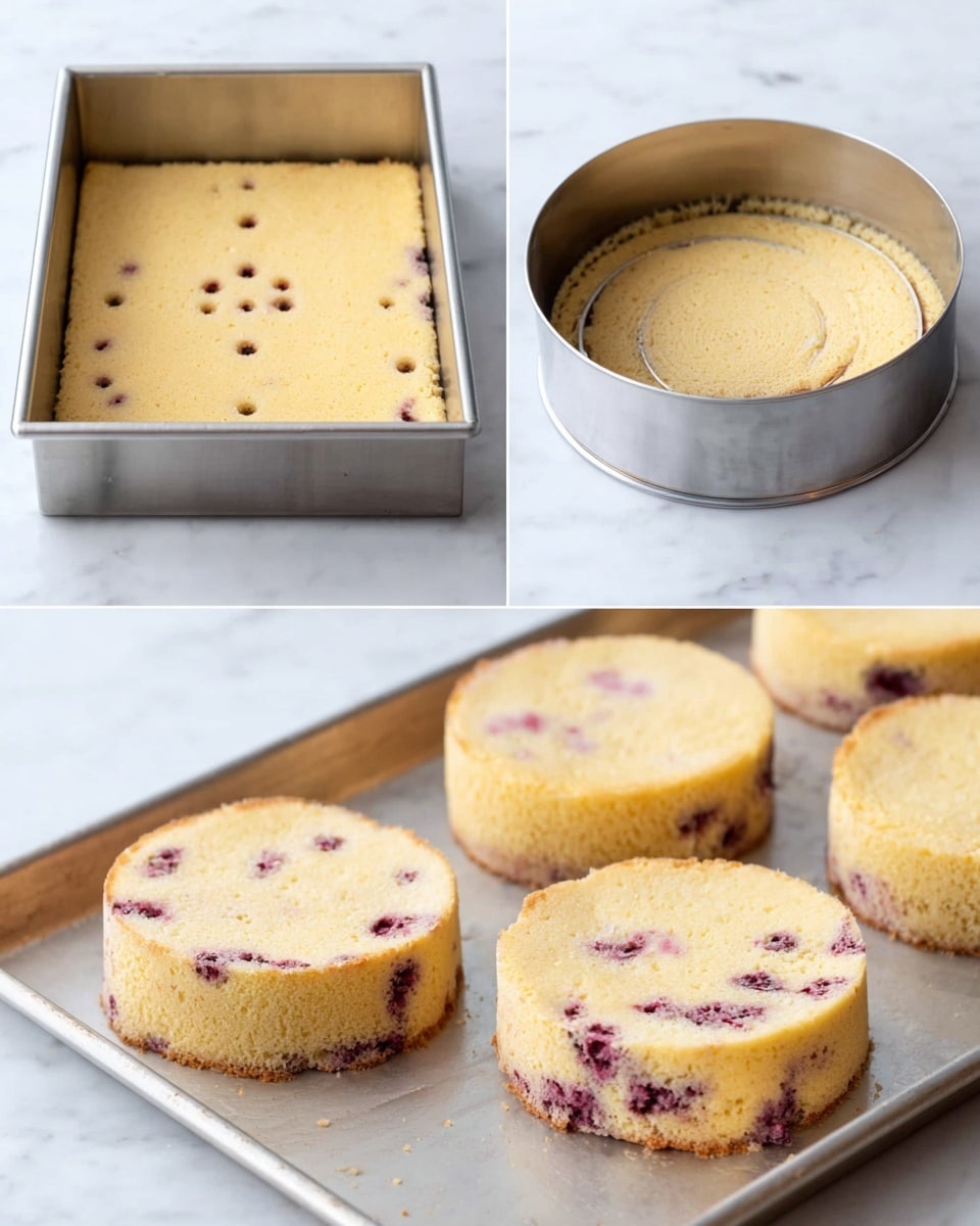 A slice of three-layer yellow cake with creamy white frosting between each layer and a thin layer of dark purple berry jam running through the frosting, adding a marbled effect. The outside edges are coated with small chunks of crumb topping mixed with bits of the same berry jam, giving a textured look. The slice sits on a white plate with a silver fork on the side, all set on a white marbled surface with a soft pink blurred background. The photo taken with an iphone --ar 4:5 --v 7
