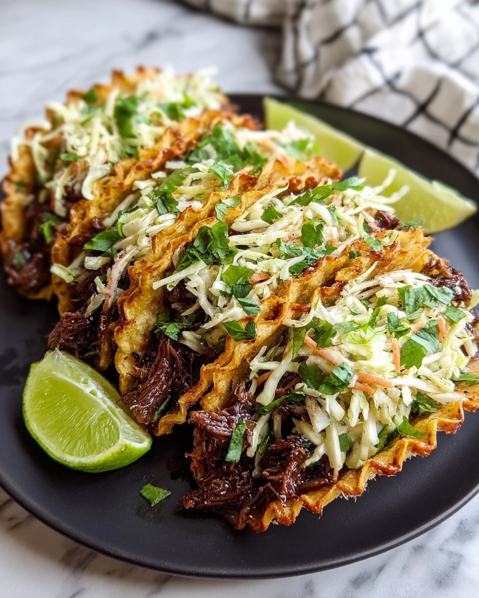 The image shows a close-up of six tacos arranged on a white plate with a crispy, golden-brown tortilla base. Each taco is filled with a dark, rich-looking shredded meat layer topped with a creamy coleslaw mixture of white cabbage and orange carrot bits. The coleslaw is garnished with chopped green onion slices and fresh green cilantro leaves, adding vibrant green accents. A wedge of lime is placed in the front left corner of the plate, adding a fresh touch. The background is a white marbled surface with soft natural light highlighting the textures and colors of the tacos photo taken with an iphone --ar 4:5 --v 7