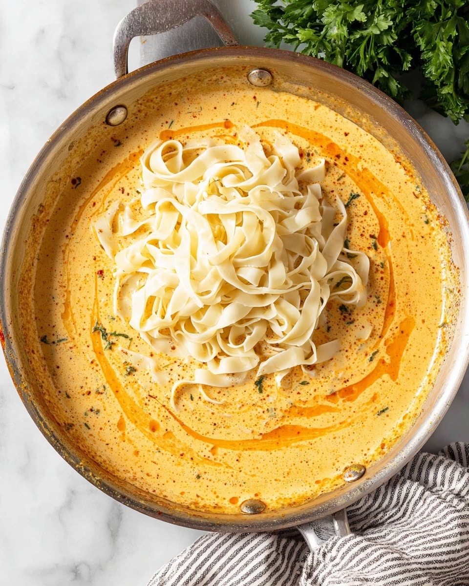 A round metal pan is filled with a creamy orange sauce that has a smooth texture, swirling slightly at the edges. On top, there is a pile of fresh white fettuccine pasta ribbons that look soft and slightly curled, resting mostly on one side of the pan. The creamy sauce surrounds the pasta, showing some seasoning specks. The pan sits on a white marbled surface with a gray and white striped cloth partly underneath it, and some green parsley leaves are in the top right corner photo taken with an iphone --ar 4:5 --v 7
