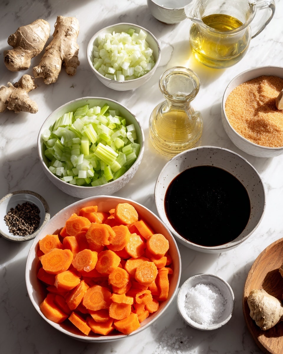 A white bowl full of bright orange carrot slices is placed near the center of the image on a white marbled surface. Surrounding it are smaller white bowls and containers, each holding a different ingredient: pale green chopped celery, white chopped onion, light brown coconut sugar, and a dark liquid labeled as coconut aminos in a white bowl. There is also a small transparent glass jug with light yellow rice vinegar and a round glass container with golden avocado oil. Two pieces of fresh ginger root and a small wooden bowl with chopped ginger cubes are nearby. A small white bowl contains salt and pepper. The whole setup is bright with natural light, and the focus is clear to show the textures of each ingredient. photo taken with an iphone --ar 4:5 --v 7
