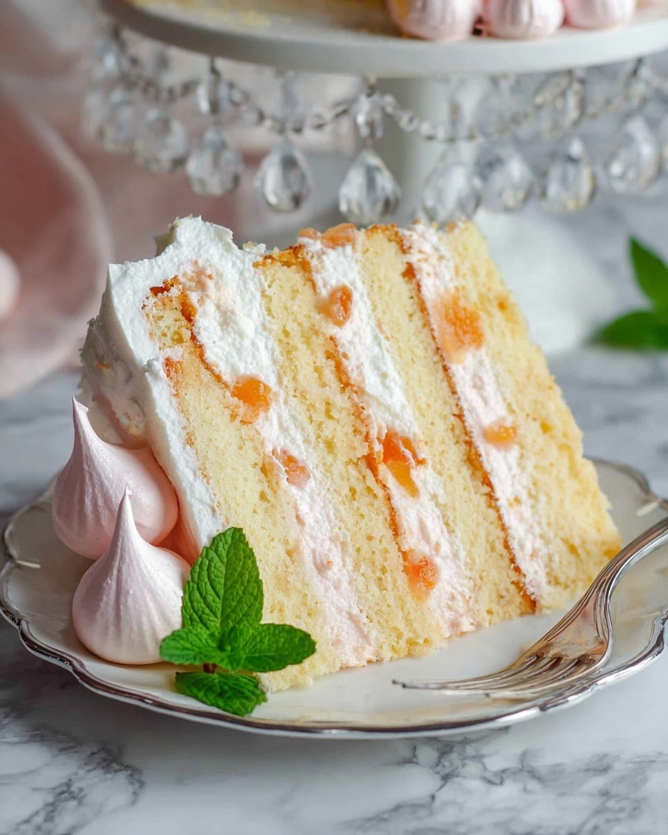 A tall layered cake with four light golden sponge layers separated by thick layers of pale pink and white creamy filling, with small chunks of peach inside. The top of the cake has dollops of light pink cream shaped like peaks, with a few green mint leaves for decoration. A large slice is cut out and placed on a white plate in front of the cake stand, showing the even layers clearly, with three pink cream dollops on the plate. The cake sits on a white decorated cake stand with hanging crystal beads, and the background features peaches, a green striped cloth, a white teapot, and a white marbled surface. photo taken with an iphone --ar 4:5 --v 7