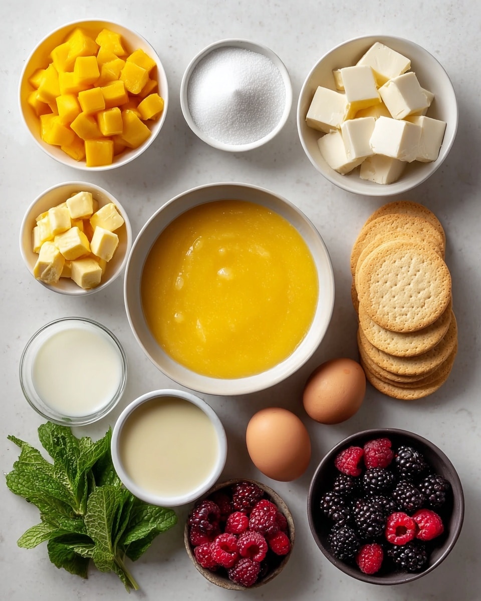 The image shows an organized flat lay of various ingredients for a dessert on a white marbled surface. In the center is a white bowl filled with a smooth golden yellow mixture, possibly mango puree. Surrounding it are small white bowls and dishes: one with bright yellow diced mango pieces at the top left, another with several small butter cubes above the center, a bowl of fine white sugar to the left, a small bowl of softened cream or condensed milk near the bottom right, and another bowl containing white cubes of a soft cheese-like substance near the bottom center. To the right, there are two brown eggs next to a stack of round creamy white crackers or cookies. A small bunch of fresh green mint leaves is placed to the left side, and a small dark bowl filled with mixed dark purple blackberries and red raspberries is near the right bottom. Additional diced mango pieces are placed near the bottom right corner. The overall look is clean and colorful with a neat presentation. photo taken with an iphone --ar 4:5 --v 7