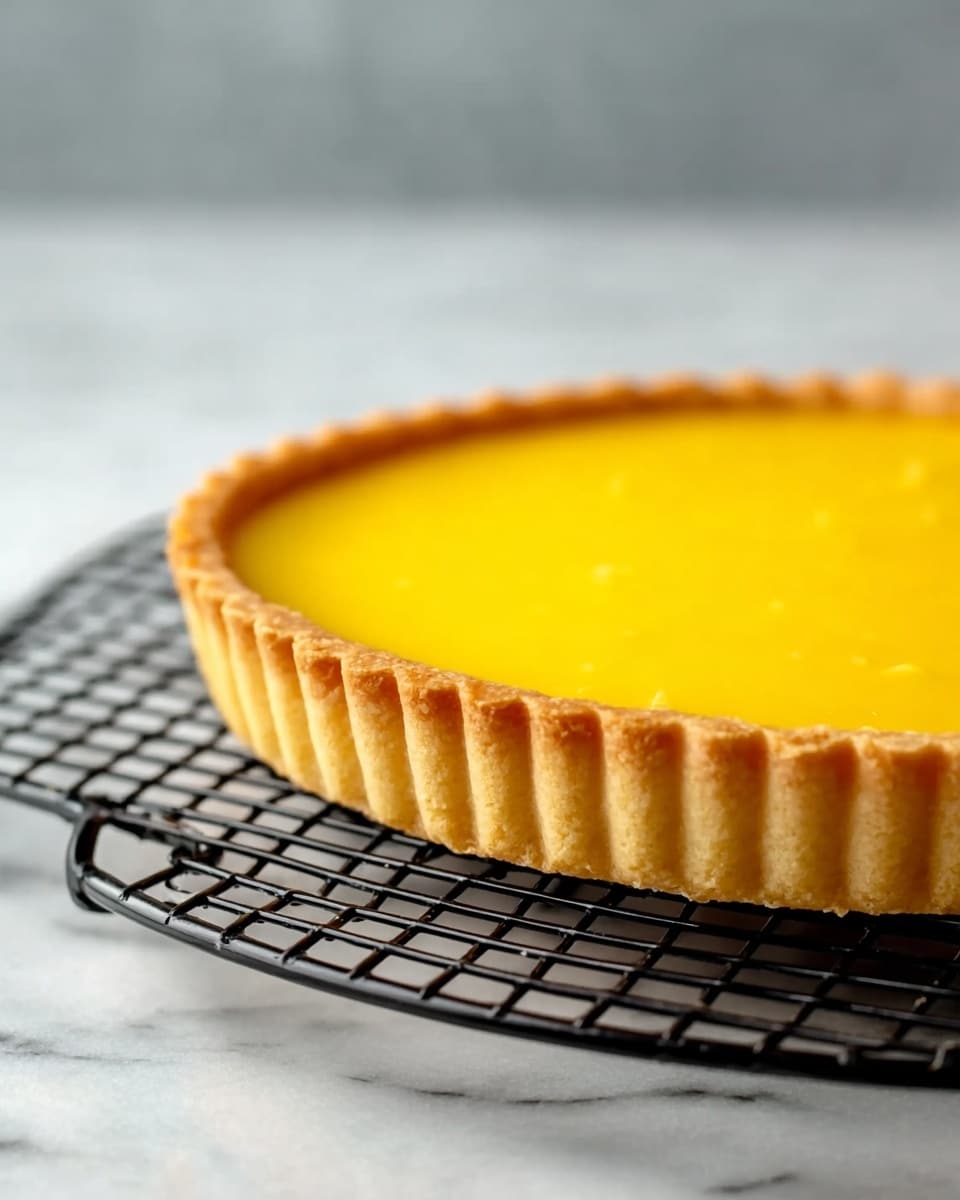 A single layer lemon tart is shown with a smooth, bright yellow filling that looks glossy and soft. The tart crust is golden brown with small ridges around the edge, holding the filling neatly inside. The tart sits on a black round cooling rack placed on a white marbled surface. The background is softly blurred with light gray and white colors, keeping the focus on the tart. Photo taken with an iphone --ar 4:5 --v 7