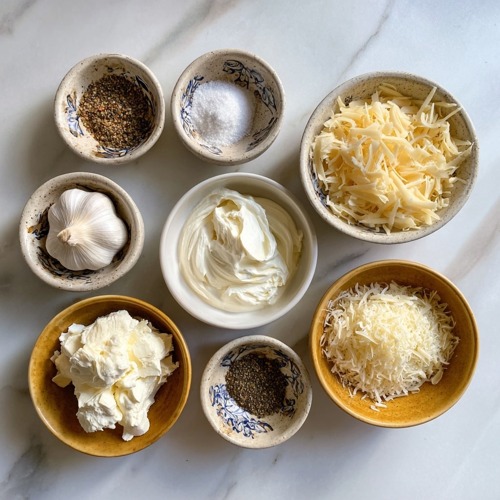 A white bowl filled with a creamy white spread that has a soft and chunky texture, topped with light yellow shredded cheese and sprinkled with black pepper and herbs, with a single small roasted garlic clove resting near the center. The bowl sits on a white plate with a dot pattern on its edge, which also holds several golden brown square pretzels in the background, all placed on a white marbled surface. photo taken with an iphone --ar 4:5 --v 7