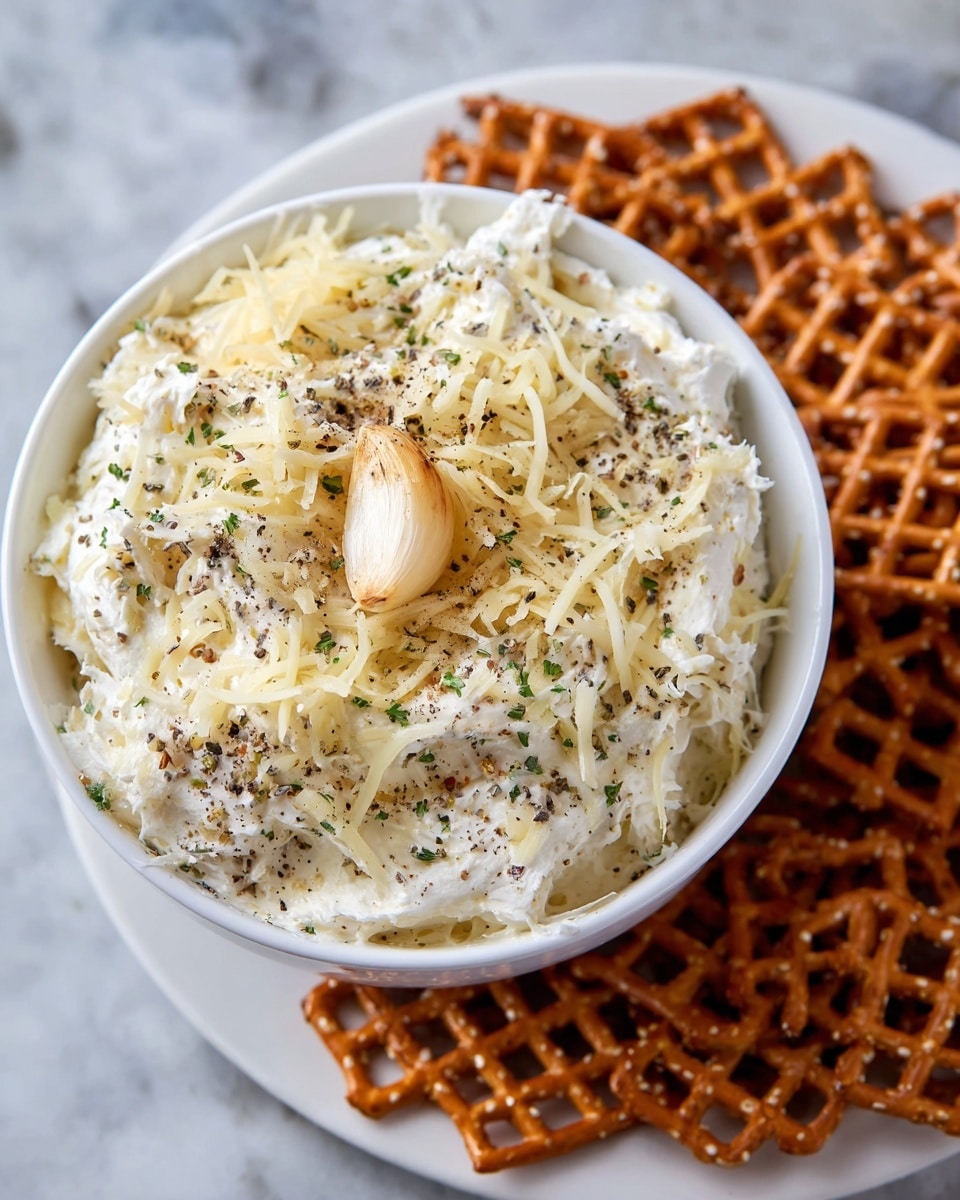 A white bowl filled with a creamy, white cheese dip layered with thin, pale yellow shredded cheese sprinkled with black pepper and herbs, topped with a small golden-brown roasted garlic clove near the center. A woman's hand is holding a small, square-shaped, orange-brown pretzel cracker dipping into the cheese mix on the right side of the bowl. Additional pretzel crackers are seen inside the bowl and scattered around the base of the bowl on a white marbled surface. In the blurred background, two round, light brown baked goods with darker spots sit on the white marbled surface. photo taken with an iphone --ar 4:5 --v 7