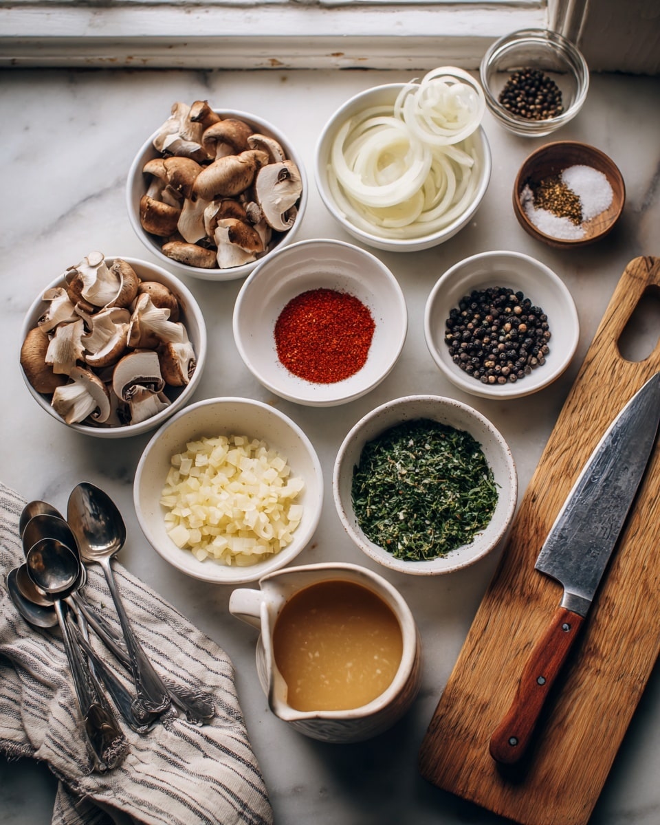 A white marbled surface holds ten white bowls arranged in a loose circle, each with a different ingredient: sliced brown mushrooms in the top-left bowl, bright red powder in the top-center bowl, thinly sliced pale onion rings in the top-right bowl, black peppercorns in a small bowl near the top right, coarse salt with a small wooden scoop just below the pepper, chopped garlic in the bottom-left bowl, a creamy white sauce in the bottom-center bowl, chopped green herbs in the bottom-right bowl, minced pale yellow pieces in a bowl next to the garlic, and a small pitcher of light brown broth in the center with a metal spoon in it. There are two metal measuring spoons on the left near a striped light-colored cloth and a wooden cutting board on the right with a large knife resting on it. Soft natural light comes from a window in the upper left. Photo taken with an iphone --ar 4:5 --v 7