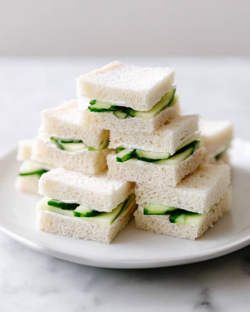 A white plate holds a stack of small square sandwiches arranged in a pyramid shape. Each sandwich has two layers of soft white bread with no crusts, enclosing a thin layer of creamy filling and slices of fresh green cucumber. The bread looks fluffy and smooth, while the cucumber slices add a fresh green color and a slight crunch texture. The background is a white marbled surface, making the light colors of the sandwich stand out. photo taken with an iphone --ar 4:5 --v 7