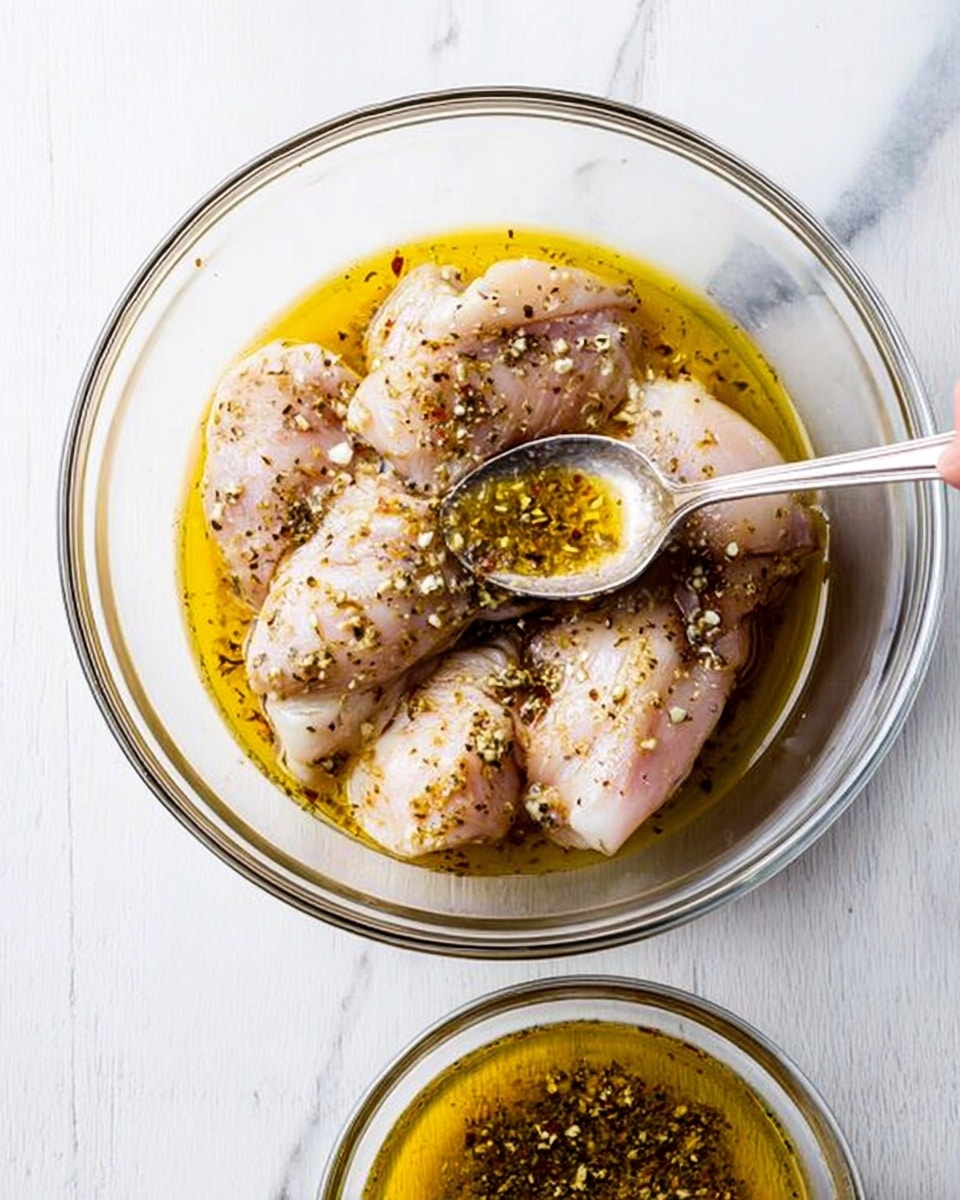 A clear glass bowl sits on a white marbled surface filled with five pale raw chicken pieces, each covered with a layer of yellowish oil and sprinkled with small bits of herbs and spices. A silver spoon held by a woman's hand is drizzling the same seasoned oil over the chicken, with the spoon positioned near the top right of the bowl. Below the bowl, a smaller clear bowl contains more of the yellowish oil and herb mixture, matching the one being spooned over the chicken. The light is bright, highlighting the shiny texture of the oil and the speckled herbs. Photo taken with an iphone --ar 4:5 --v 7