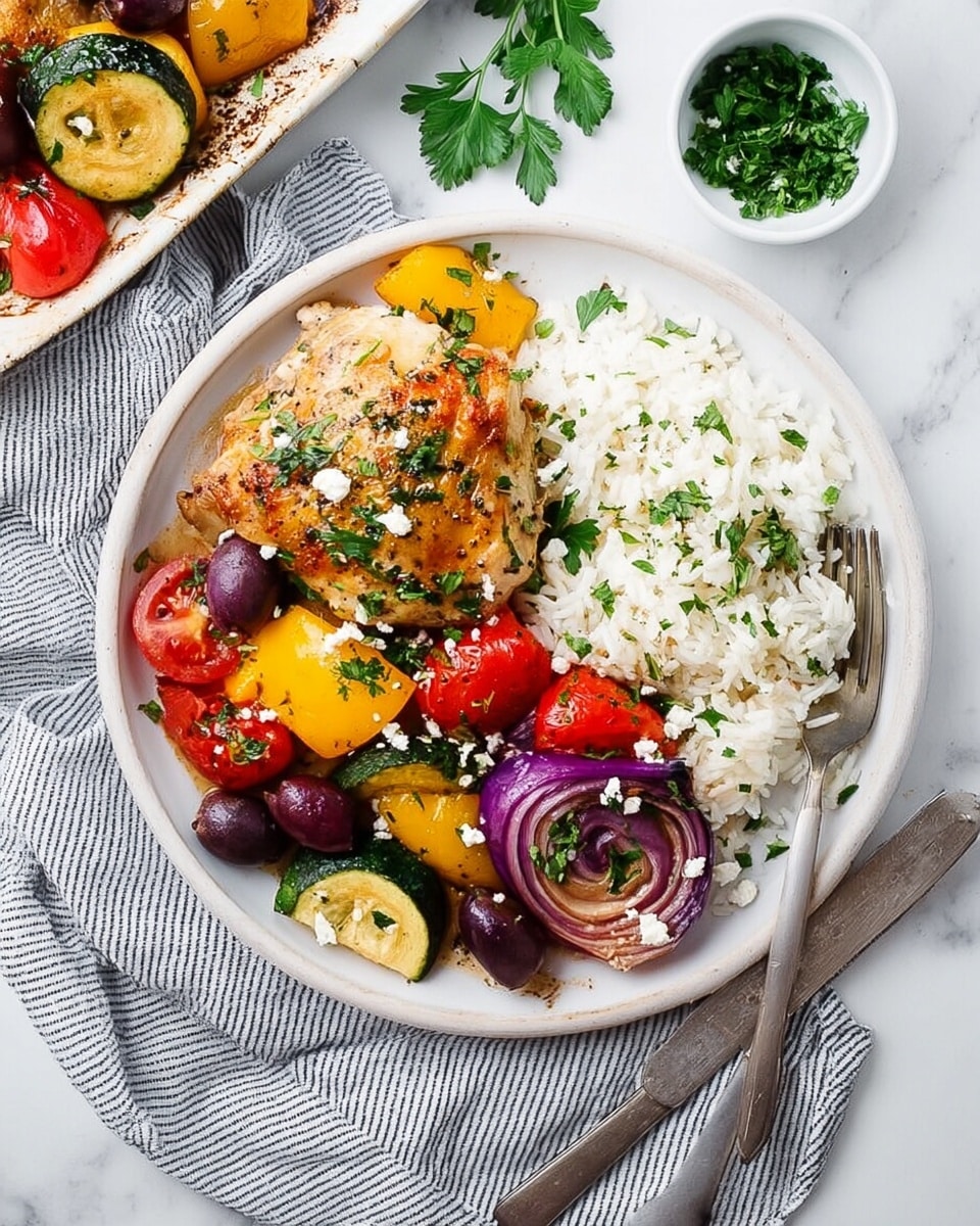 A white round plate on a white marbled surface holds a colorful meal with three main sections. One section has a golden brown, roasted piece of chicken with a slightly crispy texture on top. To the left of the chicken, there is a mix of roasted vegetables including bright yellow bell peppers, deep red cherry tomatoes, dark purple olives, green zucchini slices, and red onion wedges with a slightly charred edge, all sprinkled with small white crumbles of cheese and chopped green herbs. To the right of the chicken, there's a pile of fluffy white rice. Fresh parsley leaves decorate parts of the plate. Near the plate, there is a knife and fork resting on a gray striped cloth napkin, and a small white bowl with chopped green parsley sits nearby. The photo was taken with an iphone --ar 4:5 --v 7