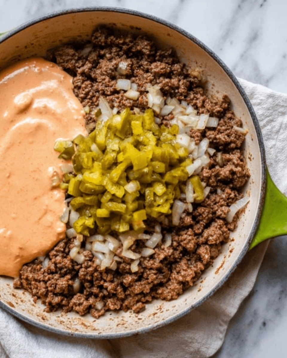 The image shows a close-up of a white pan with three main layers of food inside. The bottom layer is ground beef mixed with small white onion pieces, filling most of the pan and having a brown and slightly chunky texture. On top of the beef, near the center, there is a pile of chopped yellow pickles with a glossy, wet look. Covering the left side of the ground beef, there is a creamy pinkish-orange sauce with a smooth and thick texture spreading out evenly. The pan rests on a white cloth on a white marbled surface, and a woman's hand is partly visible near the green handle of the pan. photo taken with an iphone --ar 4:5 --v 7