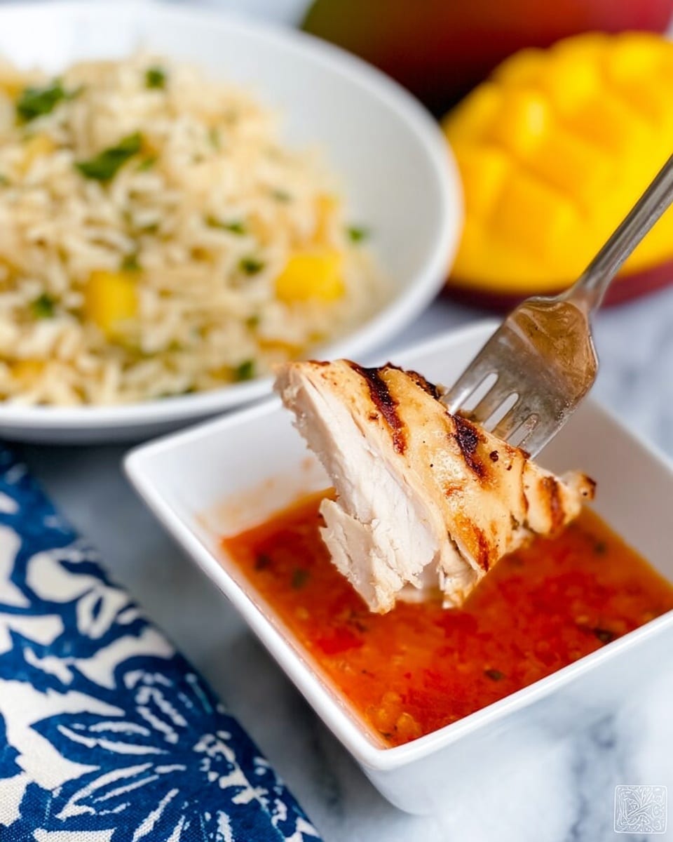 A close-up image shows a piece of grilled chicken on a fork dipped in an orange-red sauce inside a small white square bowl. The chicken slice is light brown with some grill marks and a tender white inside. Next to the bowl is a white plate filled partially with seasoned rice mixed with green herbs. In the background, there is a sliced yellow mango placed on a blue and white patterned cloth over a white marbled surface. The scene is bright and clear, showing the textures of the chicken, sauce, rice, and fruit. Photo taken with an iphone --ar 4:5 --v 7