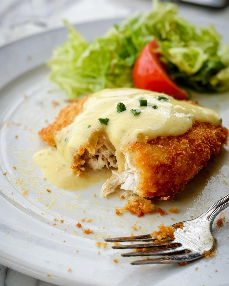 A white plate on a white marbled surface holds a round, golden-brown breaded patty with a crunchy texture. A thick, creamy white sauce is being poured in a stream from above, landing on the center of the patty. On the side of the patty, there is a small fresh salad featuring green lettuce leaves and bright red tomato wedges, adding color contrast. A fork rests on the right edge of the plate. The photo has soft lighting and a shallow depth of field focusing on the patty and sauce. Photo taken with an iphone --ar 4:5 --v 7
