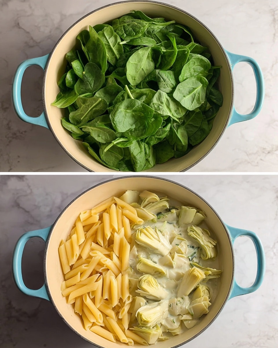 The top image shows a layer of fresh green spinach leaves filling a round light blue pot with cream-colored inside, sitting on a white marble surface. The bottom image shows two layers in the same pot: on the left, pale yellow penne pasta, and on the right, light green artichoke pieces, all resting in a creamy white sauce with a hint of green herbs. The light blue handles of the pot frame the creamy interior and ingredients inside clearly. Photo taken with an iphone --ar 4:5 --v 7