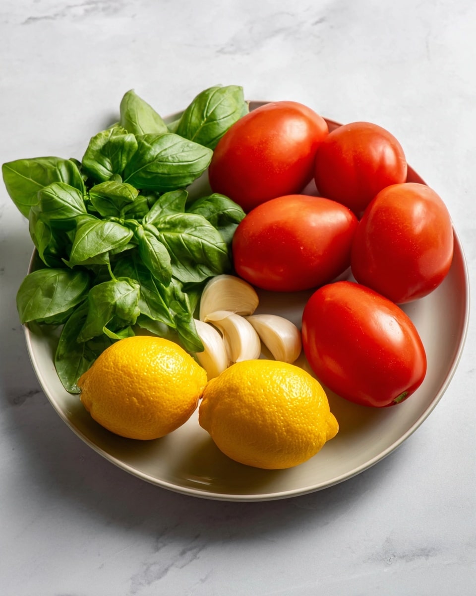 A white plate sits on a white marbled surface, filled with fresh ingredients arranged in layers: the bottom layer holds two bright yellow lemons with textured skins near the front; above and to the right, five smooth, red Roma tomatoes cluster together; fresh green basil leaves with soft, matte surfaces spread out on the left side; and two peeled garlic cloves with a light beige color rest above the basil and to the left of the tomatoes. The colors contrast nicely, making the ingredients look fresh and vibrant. photo taken with an iphone --ar 4:5 --v 7