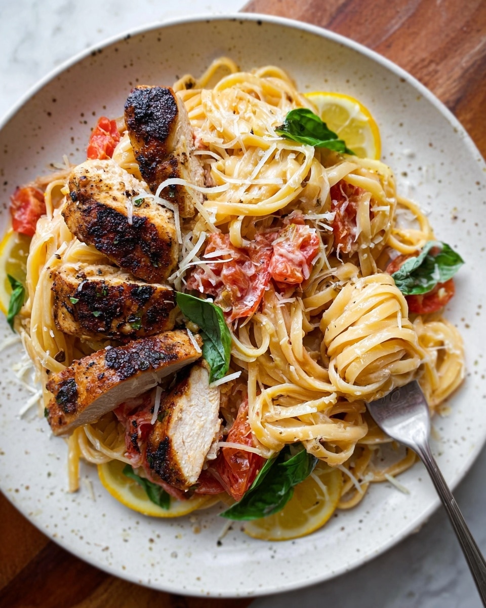 The image shows a plate with a serving of linguine pasta mixed with chunks of red tomato, scattered green basil leaves, and thin slices of lemon around the edges. On top of the pasta, there are five pieces of grilled chicken with a dark, slightly charred crust and white inside, sprinkled with grated cheese. A fork is twirling some of the pasta on the right side of the plate, with its tines partly inside the pasta. The plate is white with small speckles, resting on a white marbled surface. photo taken with an iphone --ar 4:5 --v 7