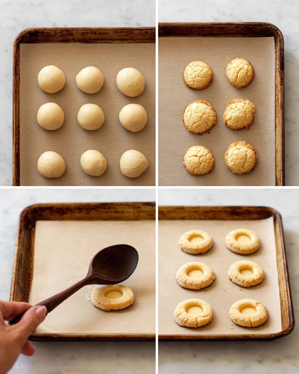 The image shows three side-by-side photos of a baking tray with parchment paper on a white marbled surface. The first photo has eight small dough balls arranged in two columns and four rows, each light beige with a smooth texture. The second photo shows the dough balls baked into round golden cookies, slightly cracked on top, with the same arrangement. The third photo shows the golden cookies with a round hollow pressed into the center of each, using a dark wooden spoon held by a woman's hand in the lower left corner, creating space for filling. Photo taken with an iphone --ar 4:5 --v 7